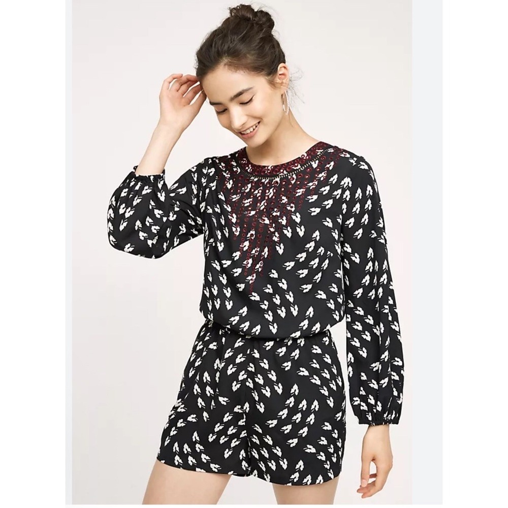 Ranna Gill Anthropologie Boho Embroidered Long Sleeve Shorts Romper Sz Large